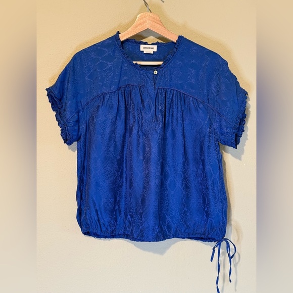 ZADIG & VOLTAIRE Blue Python Print Tie Hem Silk Blend Top Blue Medium - Picture 2 of 9